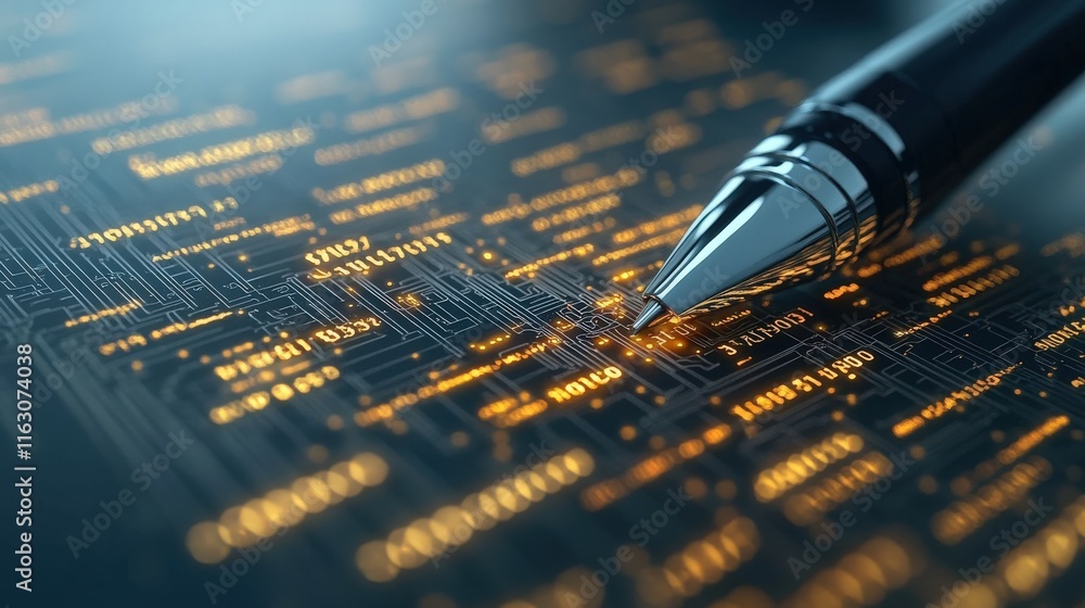 Poster Close-Up of a Modern Pen on a Technology-Themed Background with Glowing Circuit Patterns and Data Codes, Symbolizing Innovation and Digital Communication