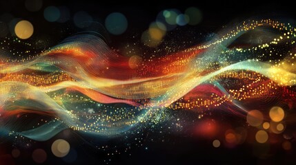 A hologram depicting abstract shapes with a technological aesthetic, featuring glowing grids and data-like streams