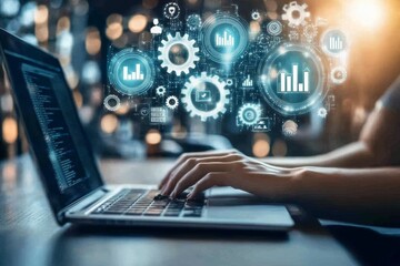 Engaging professional workspace with holographic icons for automation, analytics, and teamwork.