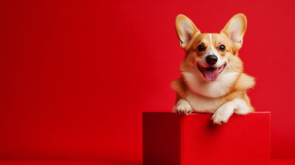 dog lying on a red box
