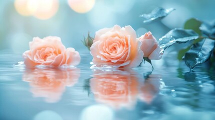 Fototapeta premium Peach Roses Floating Gently On Calm Water