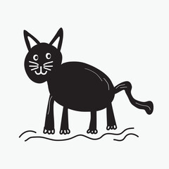 Black cute silhouette and isolated kids hand drawn cat walking icon on white background