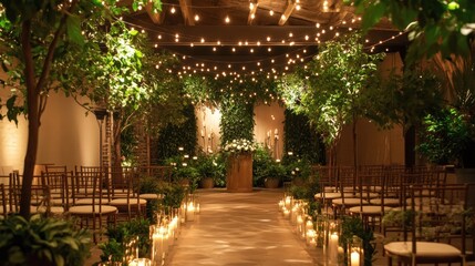 A romantic wedding ceremony setup with greenery, candlelight, and string lights.