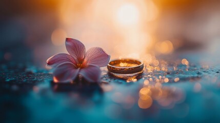 Golden Wedding Ring and Pink Flower at Sunset