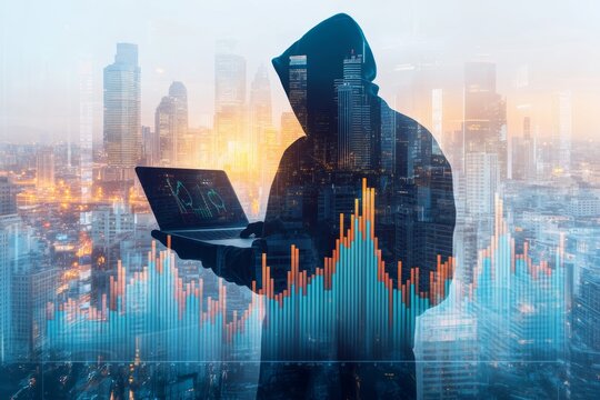 Double exposure of a hooded hacker with laptop and financial graphs against a cityscape background - Powered by Adobe