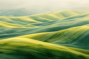 Breathtaking alpine landscape featuring lush green and golden hills under a clear blue sky