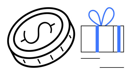 Coin with dollar sign beside a wrapped gift box tied with a ribbon bow. Ideal for finance, rewards, incentives, gifts, savings, bonuses, shopping. Line metaphor