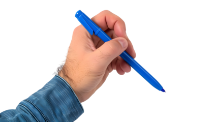 Male hand drawing a graph with a blue marker, isolated on white background 