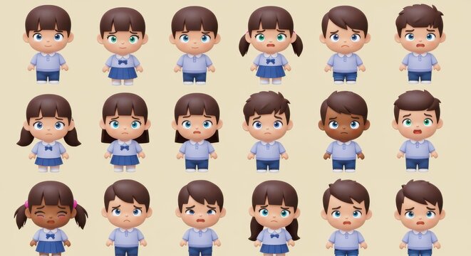 Cute cartoon children expressing emotions in school uniforms on beige background