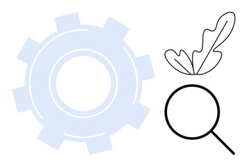 Magnifying glass with two leaves above it and a gearwheel. Ideal for sustainability, research, nature, technology, innovation, environmental awareness, problem-solving. Abstract line flat metaphor