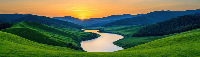 Obraz premium serene landscape featuring winding river surrounded by lush green hills at sunset, creating tranquil atmosphere
