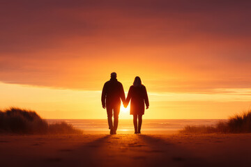 couple holding hands at sunset, walking along beach, creating romantic atmosphere