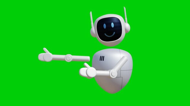 Robot assistant 3D animation with pointing to side gesture. Green screen background with perfect looping.