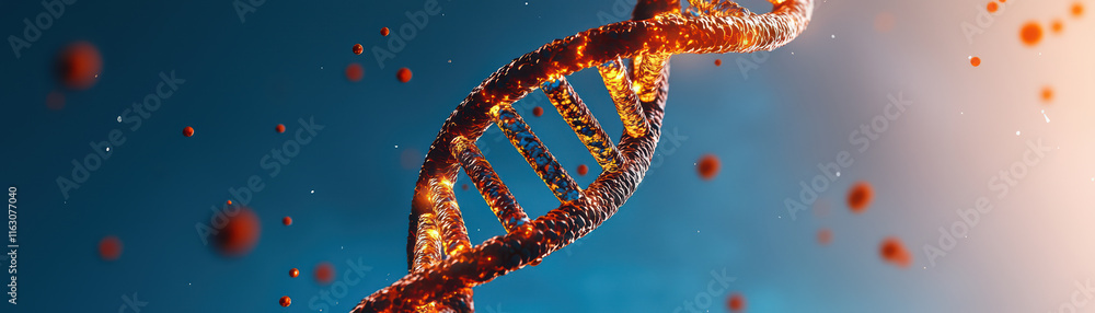 Poster close up view of dna double helix structure with vibrant colors and particles, showcasing complexity