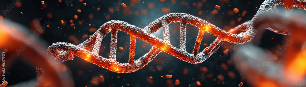 Poster close up of dna double helix with glowing elements, showcasing its intricate structure and molecular