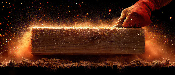 skilled carpenter shapes wood with precision, creating sparks and sawdust. intense focus and craftsmanship are evident in this dynamic scene