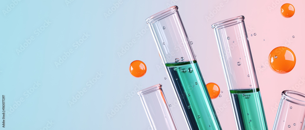 Poster colorful test tubes with vibrant liquids and bubbles create dynamic scene