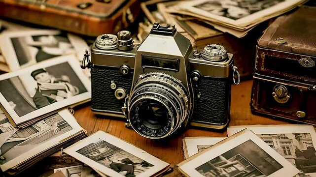 an old camera  and  old photos