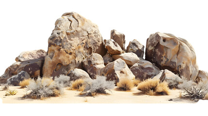Massive boulders in a dry desert scene, isolated on white background 