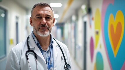 Male Doctor in Bright, Cheerful, Friendly Modern Children's Hospital. Pediatrician in Healthcare Clinic Setting Background. 