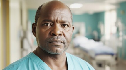 Black male nurse wearing scrubs in a modern hospital room. African doctor healthcare worker in clinical medical setting
