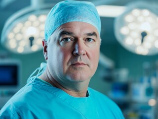 Male surgeon wearing scrubs in a modern hospital operating room. Doctor in clinical setting. 