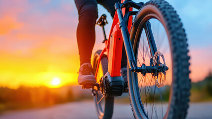 cyclist riding electric bike during sunset, showcasing vibrant colors and dynamic motion
