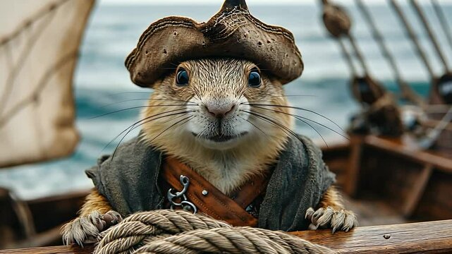 A gopher dressed as a pirate stands on a ship at sea.