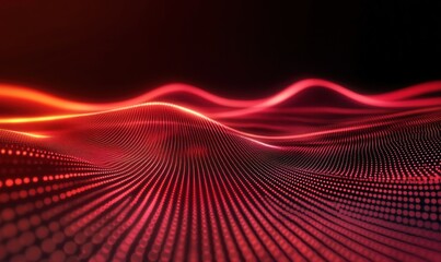 Abstract Red Digital Wave Landscape: A mesmerizing digital artwork depicting a flowing wave-like structure composed of interconnected glowing particles.