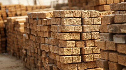 Stock bricks being neatly stacked for shipping, repetitive geometric patterns,