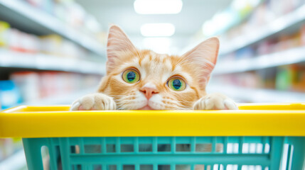 Cat explores the grocery store in a shopping cart