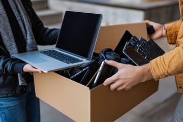 Two individuals exchanging old electronics  laptop, cardboard box with gadgets in neutral setting