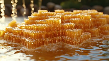 Honeycomb structure in water, golden honey texture.