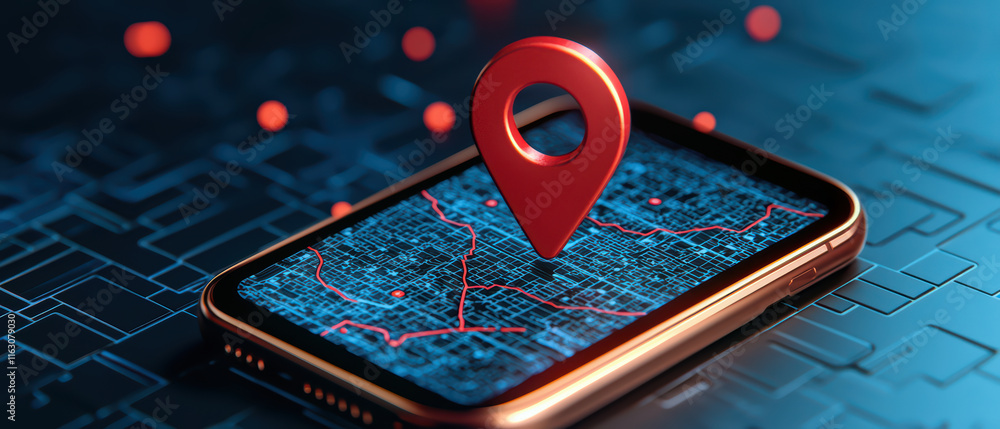 Poster close up of smartphone screen displaying map with location pin, showcasing modern technology and nav