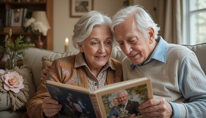 Joyful elderly couple reminiscing while looking at a photo album together in a cozy living room