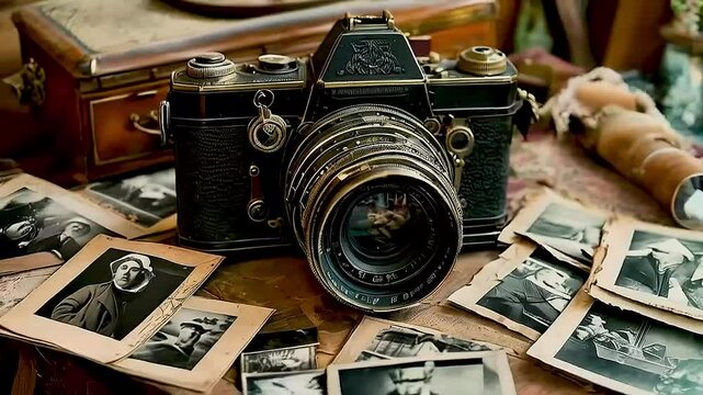 an old camera  and  old photos