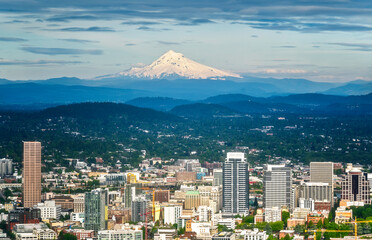 Scenic View of Portland Skyline with Majestic Mount Hood in the Background at Sunset