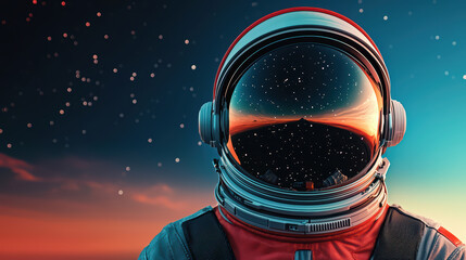 close up of astronaut helmet reflecting stunning cosmic scene, showcasing stars and distant horizon