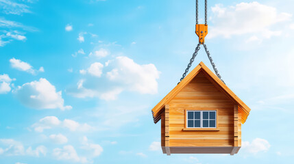 construction crane lifting wooden house against blue sky with clouds