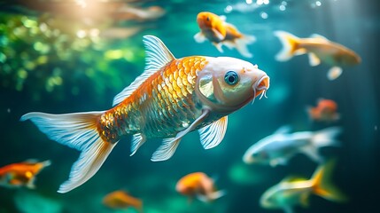 Fototapeta premium Colorful Koi fish swimming in aquarium.