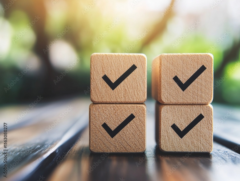 Poster project management visual quality control checklist with wooden blocks for goal tracking
