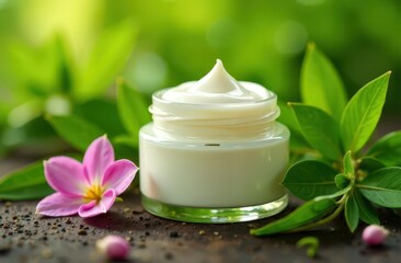 Jar of cosmetic moisturizer cream on nature background. Organic natural ingredients beauty product among green plants. Skin care, beauty and spa product presentation
