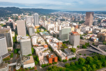 Various day and sunset drone scene of Portland Oregon, Willamette river and downtown, Aerial drone footage