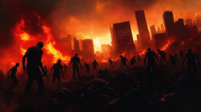 Undead horde swarms over ruined city. Fiery apocalyptic scene. Zombies overrun collapsed buildings. Terrifying scene of destruction. Horde of undead searching survivors. Apocalypse. Dark