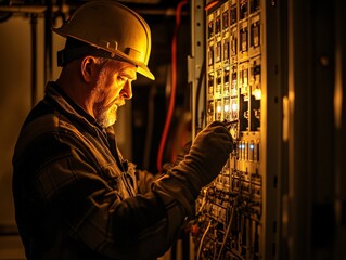 Focused electrician in hard hat working on electrical panel under dramatic lighting conditions