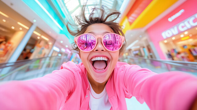 Young woman enjoys vibrant shopping mall experience