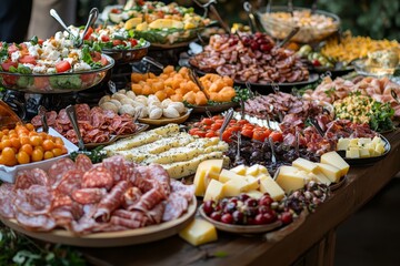 Fototapeta premium Delicious appetizer table featuring antipasti, charcuterie, snacks, and cheese for a buffet party
