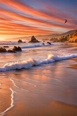 Obraz premium Captivating sunset over ocean waves, soft sands glistening, birds in flight adding beauty, ideal for inspiring wanderlust, perfect for marketing relaxation and serene moments by the sea.