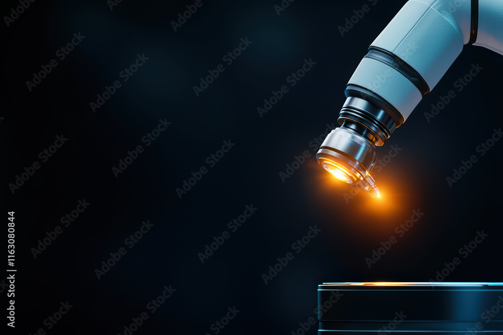 Poster close up view of robotic arm with glowing tip, showcasing advanced technology and precision in actio