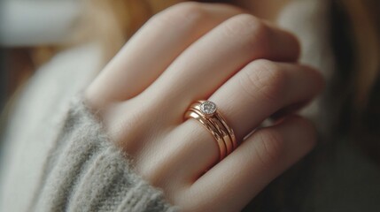 Rose Gold Ring With Diamond Set On Finger
